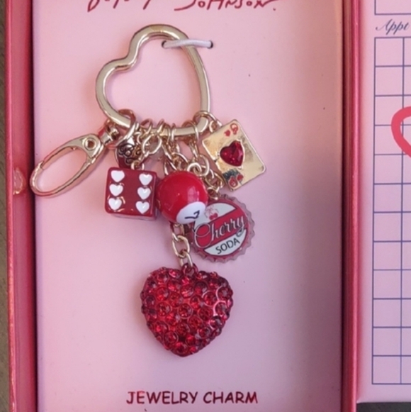 Betsey Johnson Dice Heaet Chery Soda Bag Charm Keychain Bnib EL